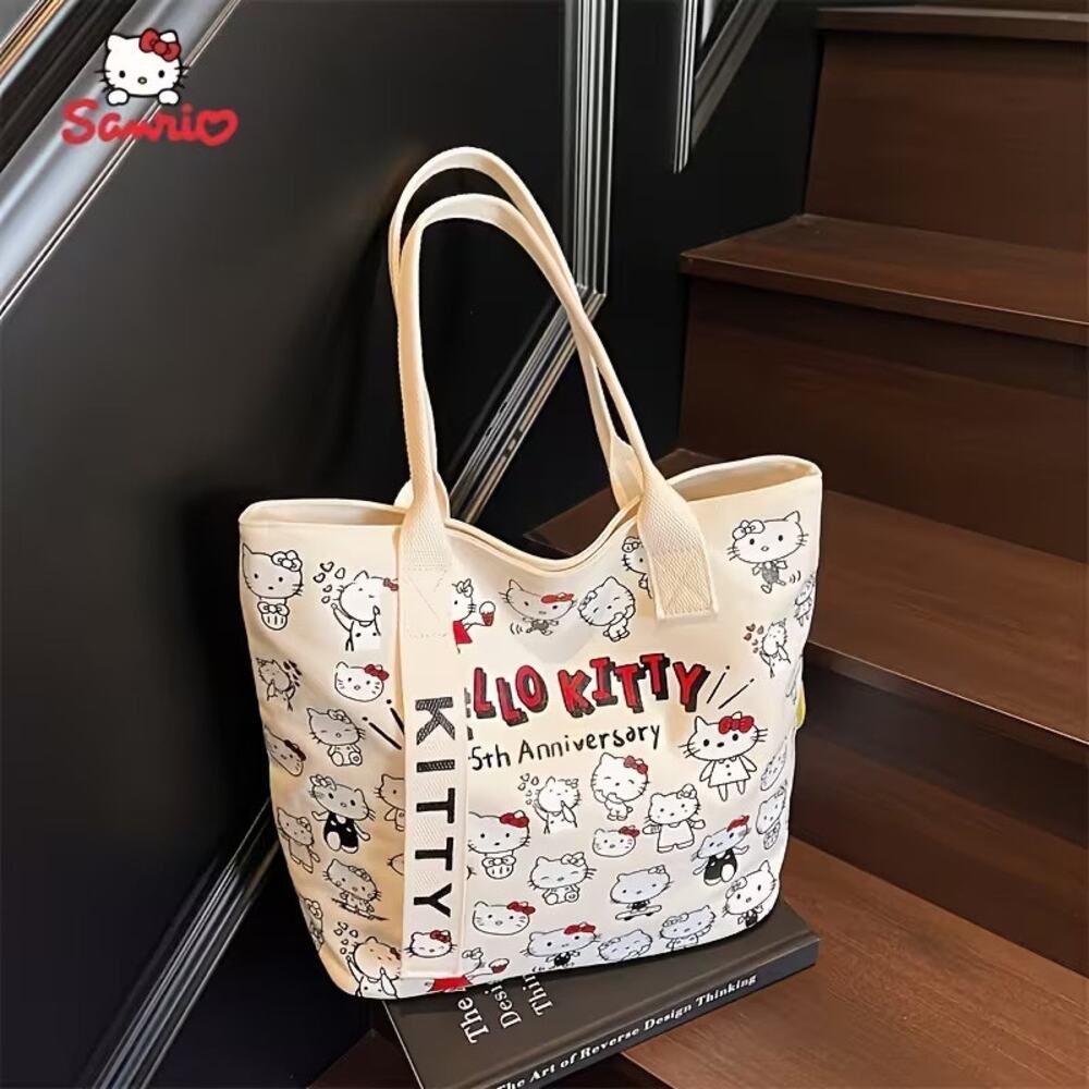 Sanrio Hello Kitty Canvas Reusable Zipper Canvas Tote Bag - White